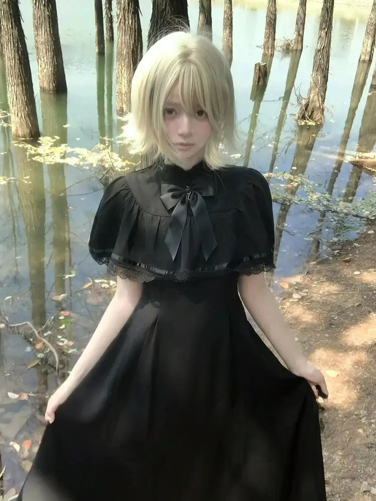 Gótico 2025 Verano Vestido de Encaje Delgado Mujer High Street Vintage Lazo Fino Vestidos Negros Mujer Diseño de Moda Nuevos Conjuntos Lisos