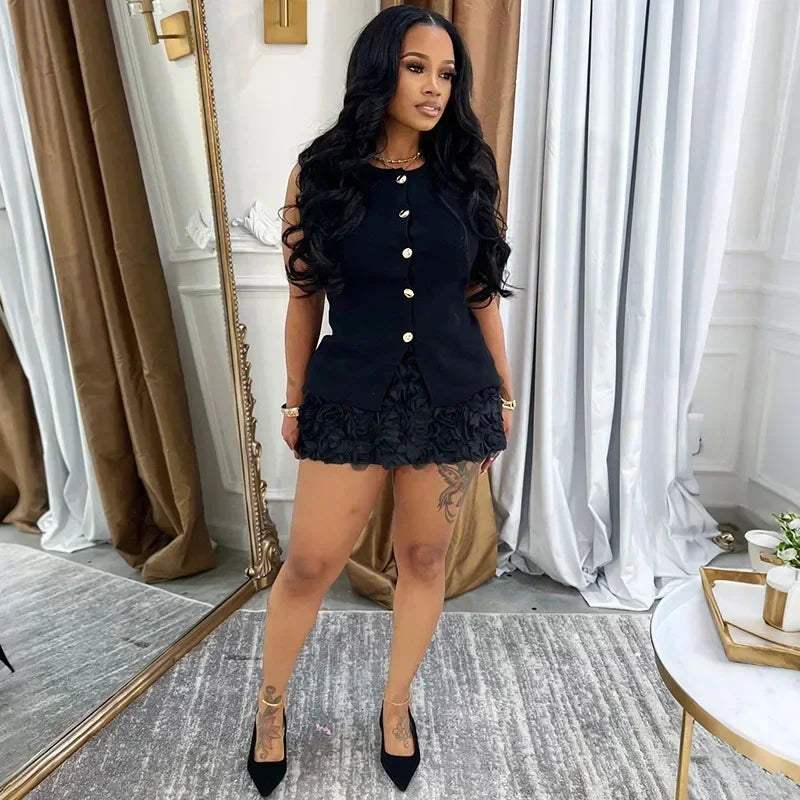 Sleeveless Single-Breasted Top and Floral Mini Skirt Set