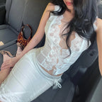 Deep V Sleeveless Lace Trim Top and Midi Skirt Set