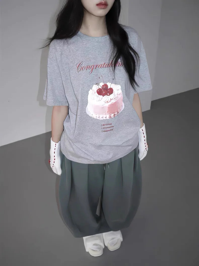 [RE-CON] Camiseta informal de manga corta con estampado de pastel de crema de cereza dulce y linda, versión coreana, 100% algodón