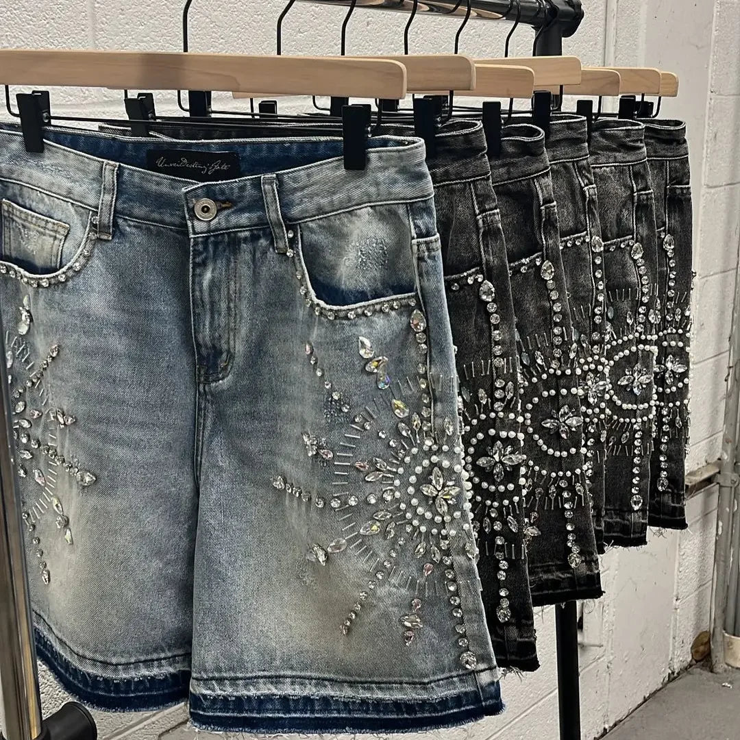 Diamond-encrusted Denim Shorts