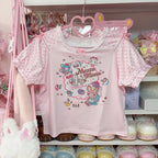 Blusa Estampada Kawaii Sweet Lolita para Mujer Manga con Volantes Encaje Camiseta con Ribete de Lazo Decoración Personaje de Dibujos Animados Estampado Integral Top Lindo