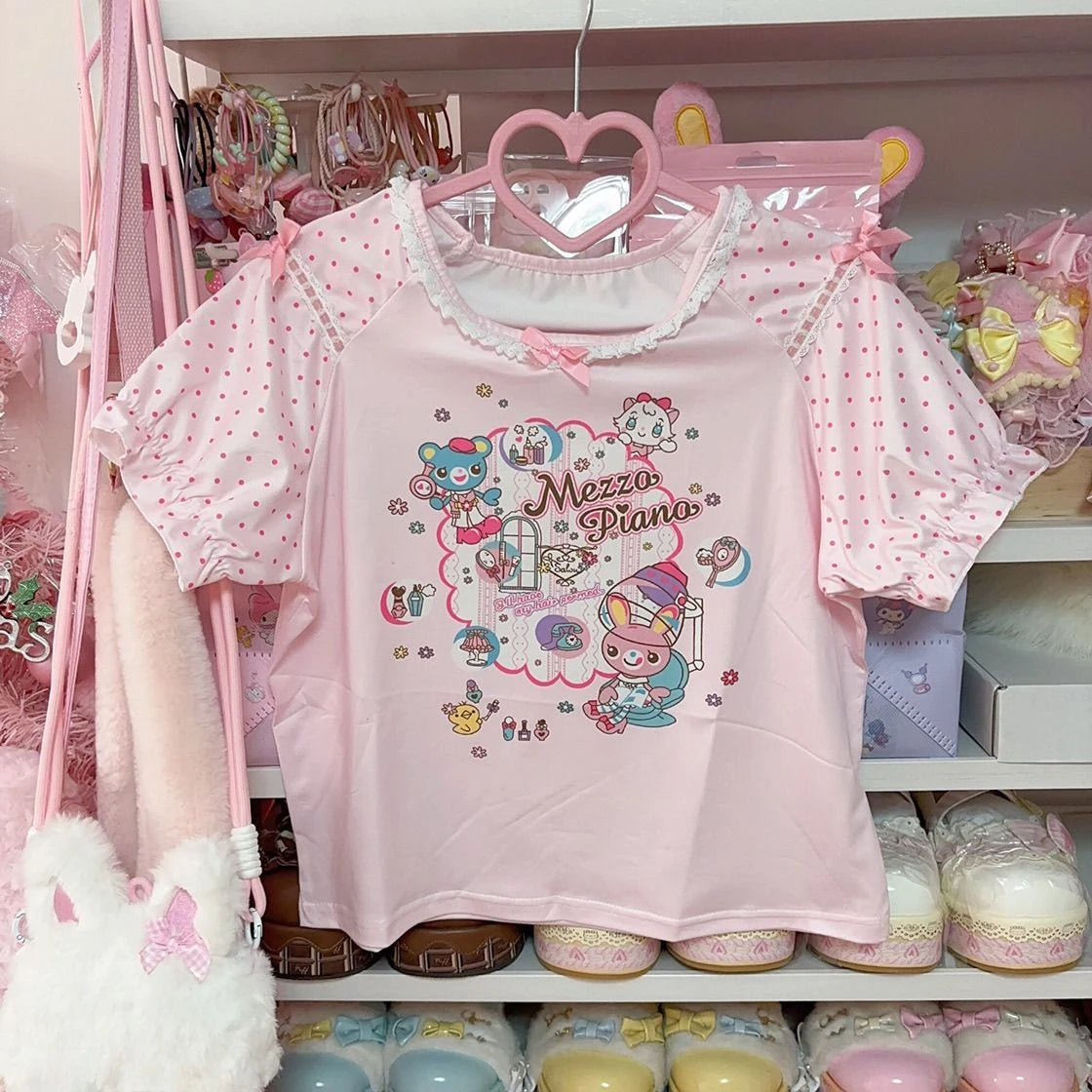 Blusa Estampada Kawaii Sweet Lolita para Mujer Manga con Volantes Encaje Camiseta con Ribete de Lazo Decoración Personaje de Dibujos Animados Estampado Integral Top Lindo