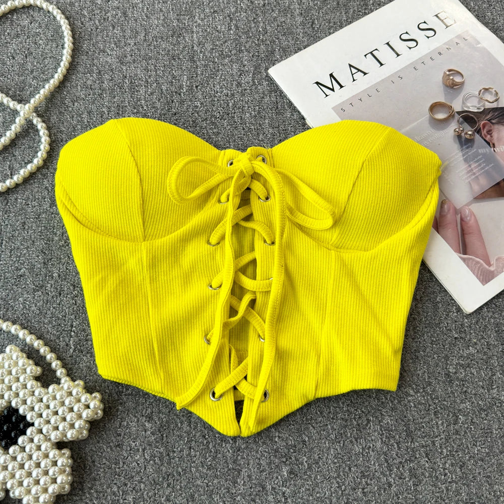 Tops sin espalda para mujer, nueva llegada, cuello tipo slash, sujetador incorporado, ombliguera, con cordones, camisola ajustada, verano, vintage, gallus, dropship