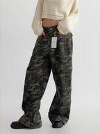 UCXQ Pantalones de camuflaje de estilo coreano otoño invierno para mujer, jeans de pierna ancha de cintura alta con bolsillos, pantalones sueltos que combinan con todo 23Z484