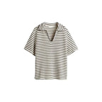 Conjunto de dos piezas elegante de punto a rayas para mujer, top y pantalón, informal, manga corta, cuello V, jersey con cordón ajustable, pantalón largo de pierna ancha, traje de moda 2025