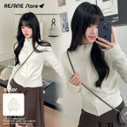 [REコンテナ]Chaqueta de punto con cremallera, cuello alto, color beige liso, estampado con letras bordadas, estilo dulce y atrevido, en stock