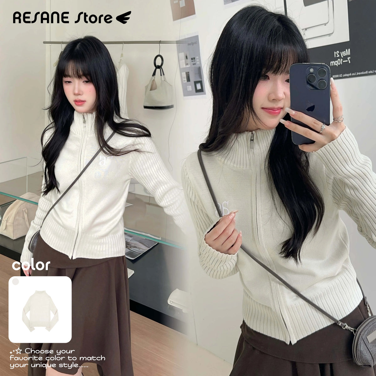 Letter embroidery Print Solid Stand-up collar Zip-up knit jacket