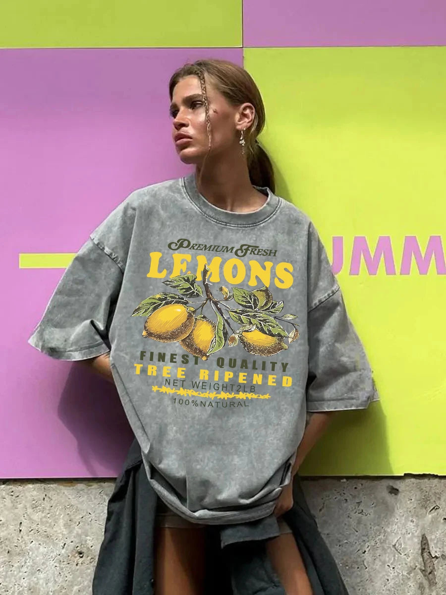 Premium Fresh Lemons Fruit Print Washed T-Shirt