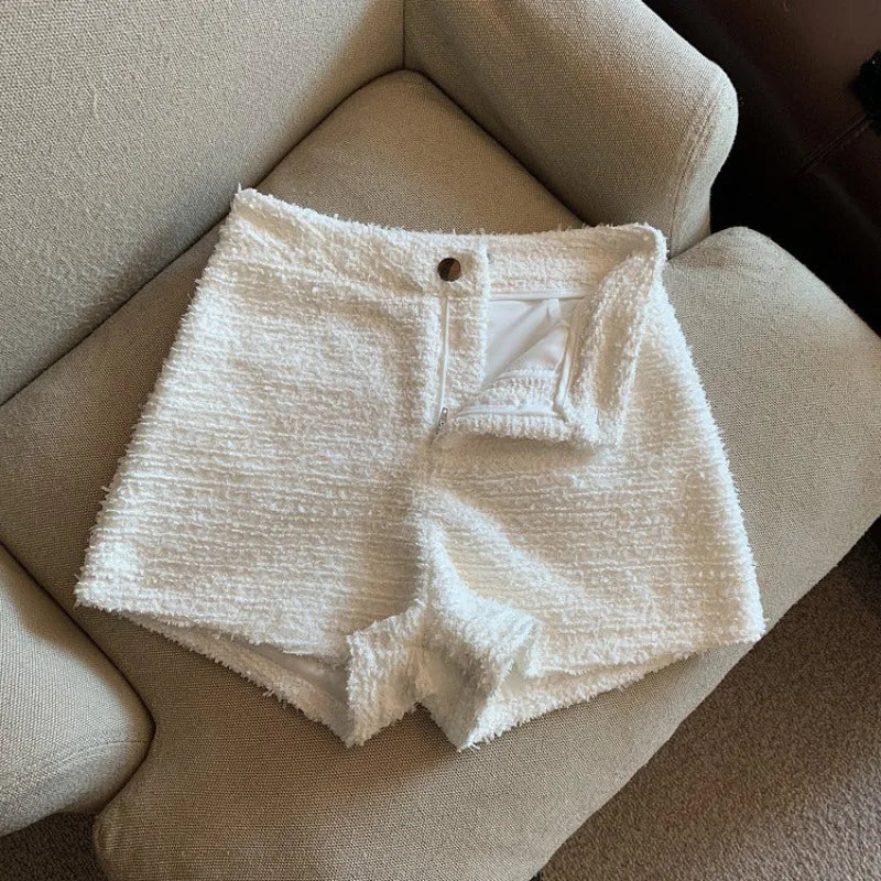 High Waisted Coarse Tweed Wide Leg Woolen Shorts
