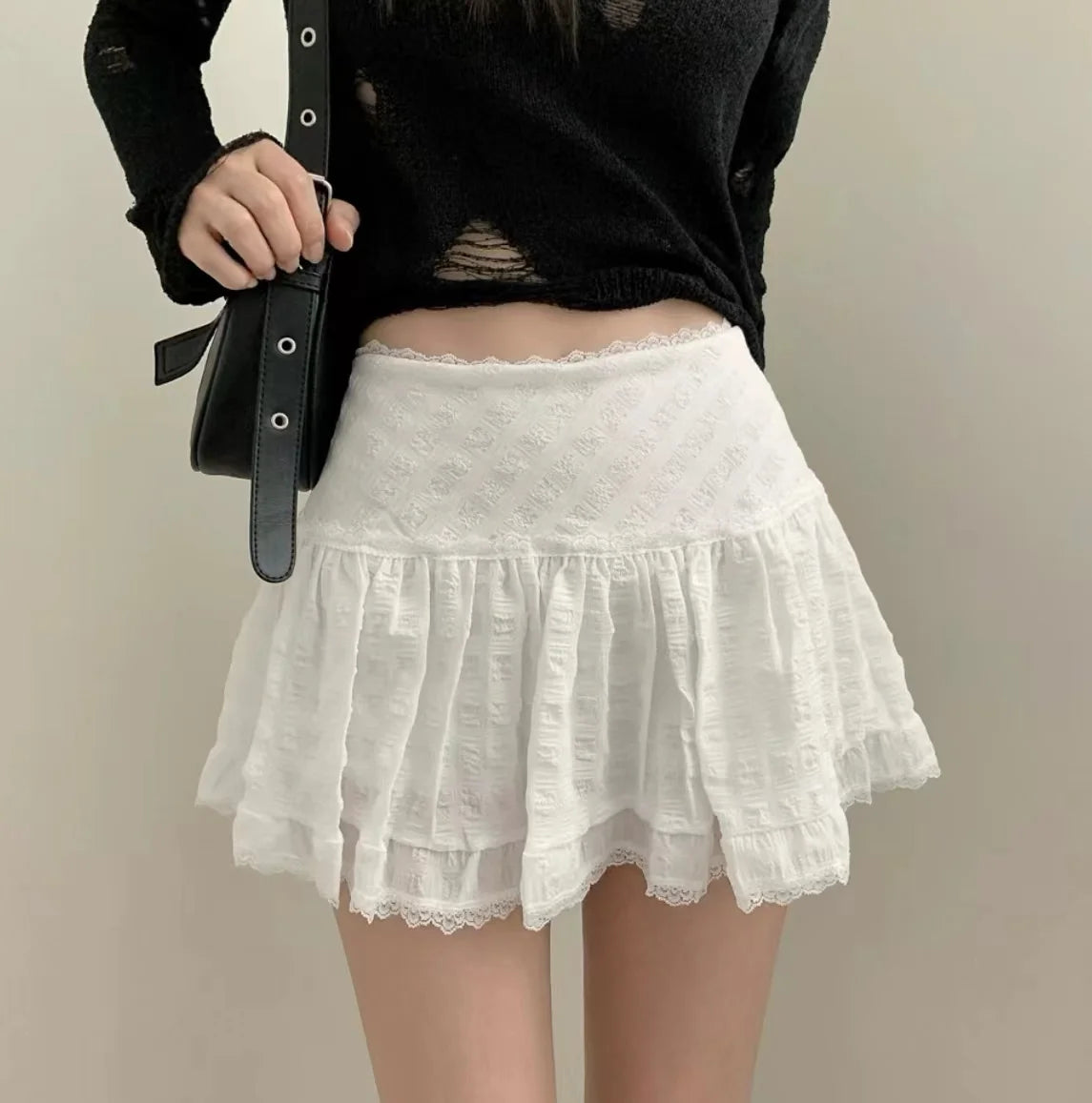 Minifalda de talle bajo Y2K con volantes escalonados y encaje, falda corta blanca de verano para mujer, adolescente, conjunto femenino estilo Barbiecore