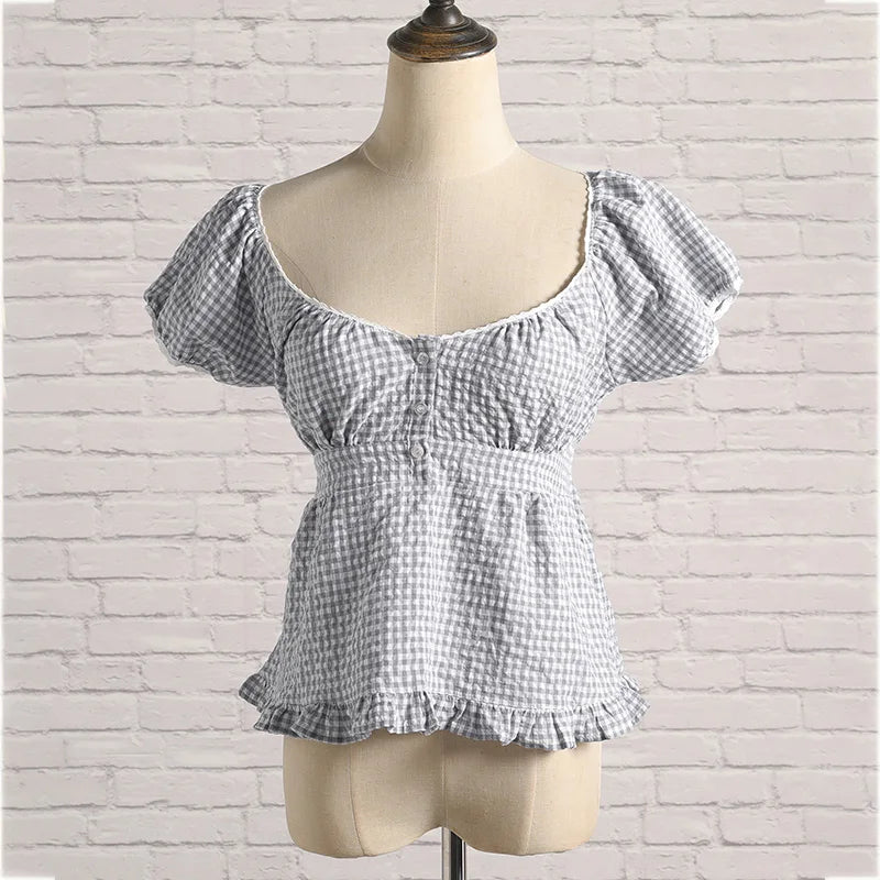 Camiseta Delgada de Cuadros Verdes Vintage para Mujer, Verano, Dulce, con Ribete de Encaje, Manga Corta, Algodón, Tops Casuales Retro Elegantes, Top Corto con Volantes