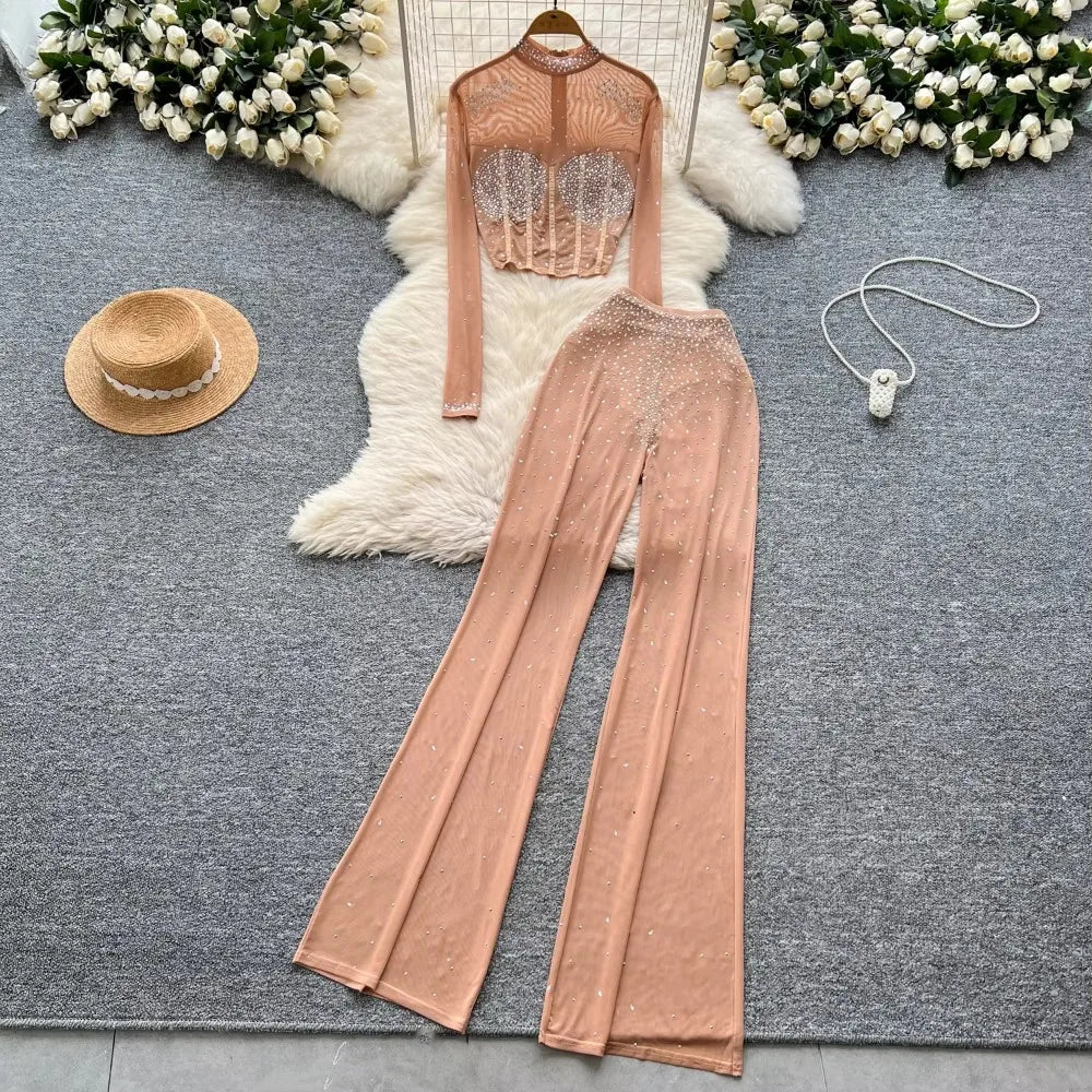See Through Mesh Rhinestone Long Sleeve Slim Short Top High Waist Wide Leg Pants Sets