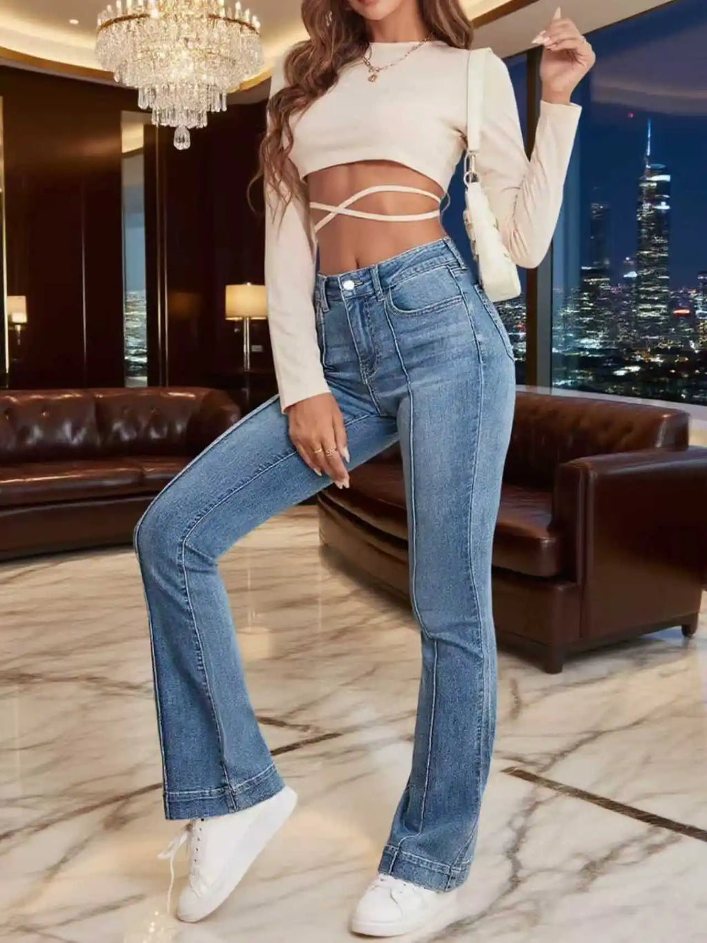 Vaqueros acampanados elásticos grises para mujer, detalle de costura francesa, diseño simple, versátil, corte de bota adelgazante, pantalones para mujer, vaqueros