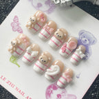 Uñas Postizas Kawaii con Diseño 3D de Oso Cuadradas Cortas