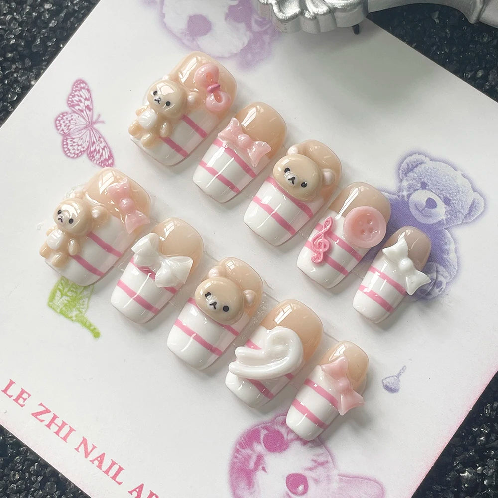 Kawaii Short Square Shape 3D Doll Bear Press On Nails