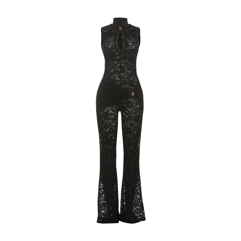 Metal Knot Patchwork Jacquard Ruched Waist Stretch Skinny Jumpsuit