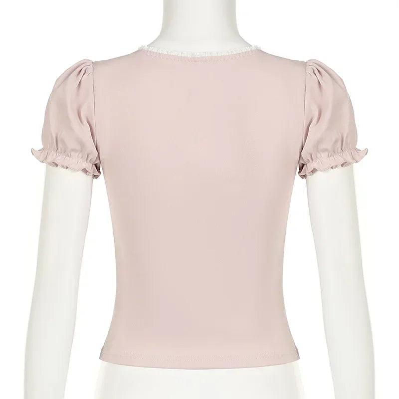 Camisetas cortas de manga farol y cuello cuadrado para mujer, estilo dulce urbano, tops casuales, pliegues delgados, moda de verano 2024