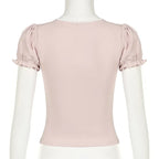 Camisetas cortas de manga farol y cuello cuadrado para mujer, estilo dulce urbano, tops casuales, pliegues delgados, moda de verano 2024
