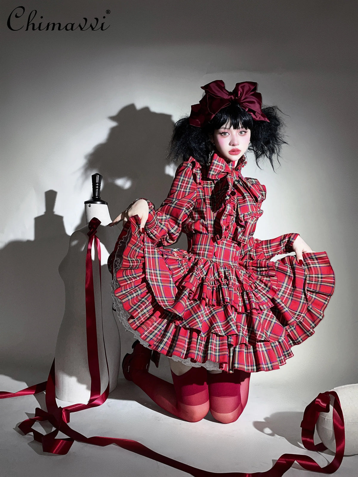 Plaid Long Sleeve Bow Shirt High Waist Skirt Set