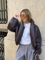 Chaqueta acolchada de piel sintética elegante para mujer, a la moda, con cuello alto, cremallera, corta, de PU, para mujer, otoño-invierno 2025, ropa de abrigo informal