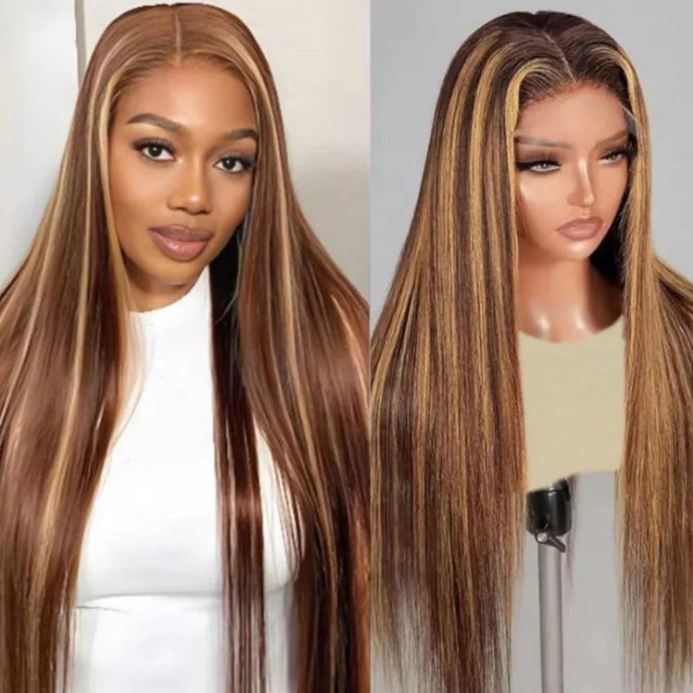 P4 27 34inch Colored Silky Straight Human Hair Wig 250 Density 13x4 Lace Forehead, High-Definition Transparent Full Lace Wig Pre Pulled and Bleached Hair Knots  No Glue Required  Suitable for Black Women