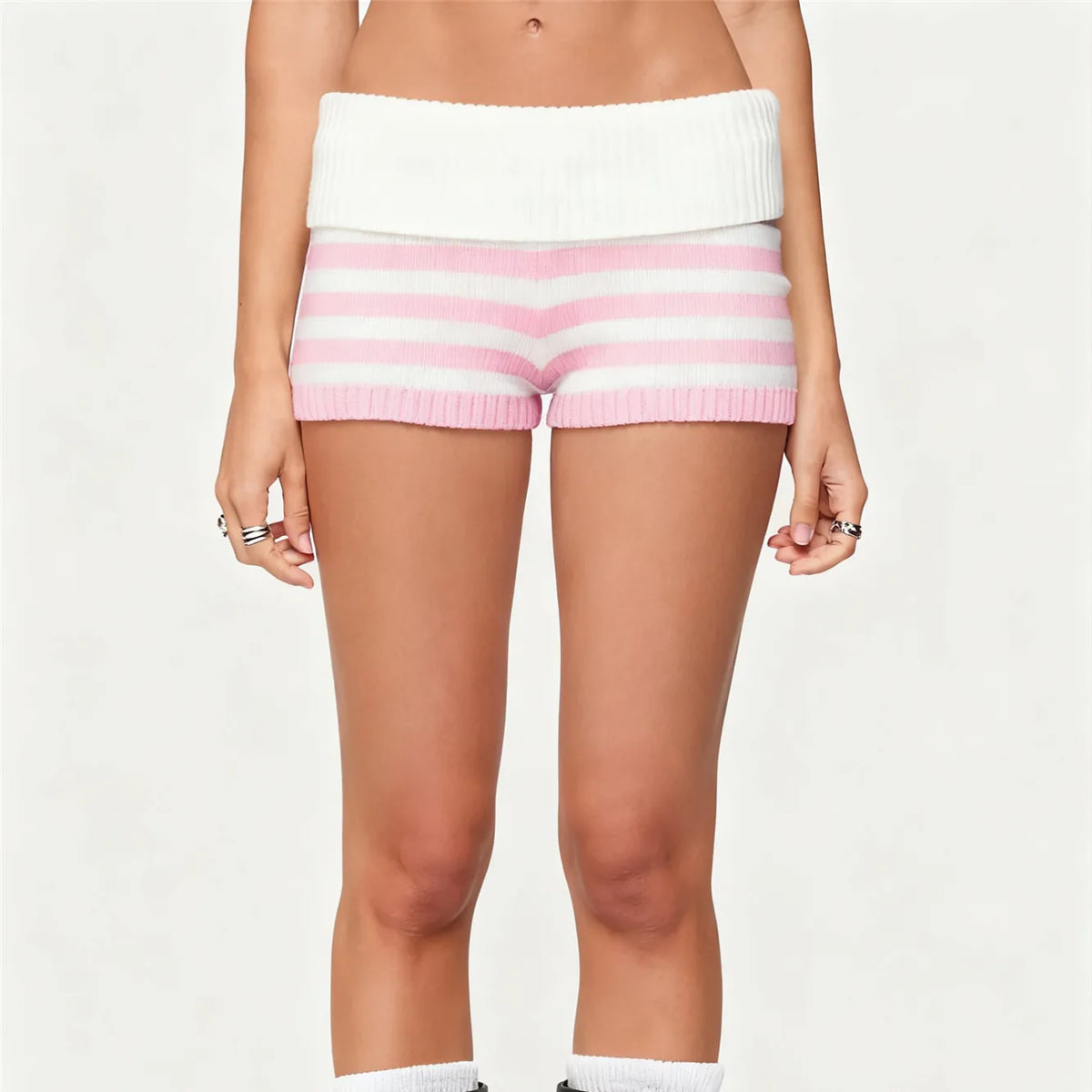 Pantalones cortos de punto a rayas para mujer, de microfibra, para verano, con cintura elástica plegable, ajustados, tipo mini, Y2k, para estar en casa, pantalones cortos de punto, para vacaciones en la playa