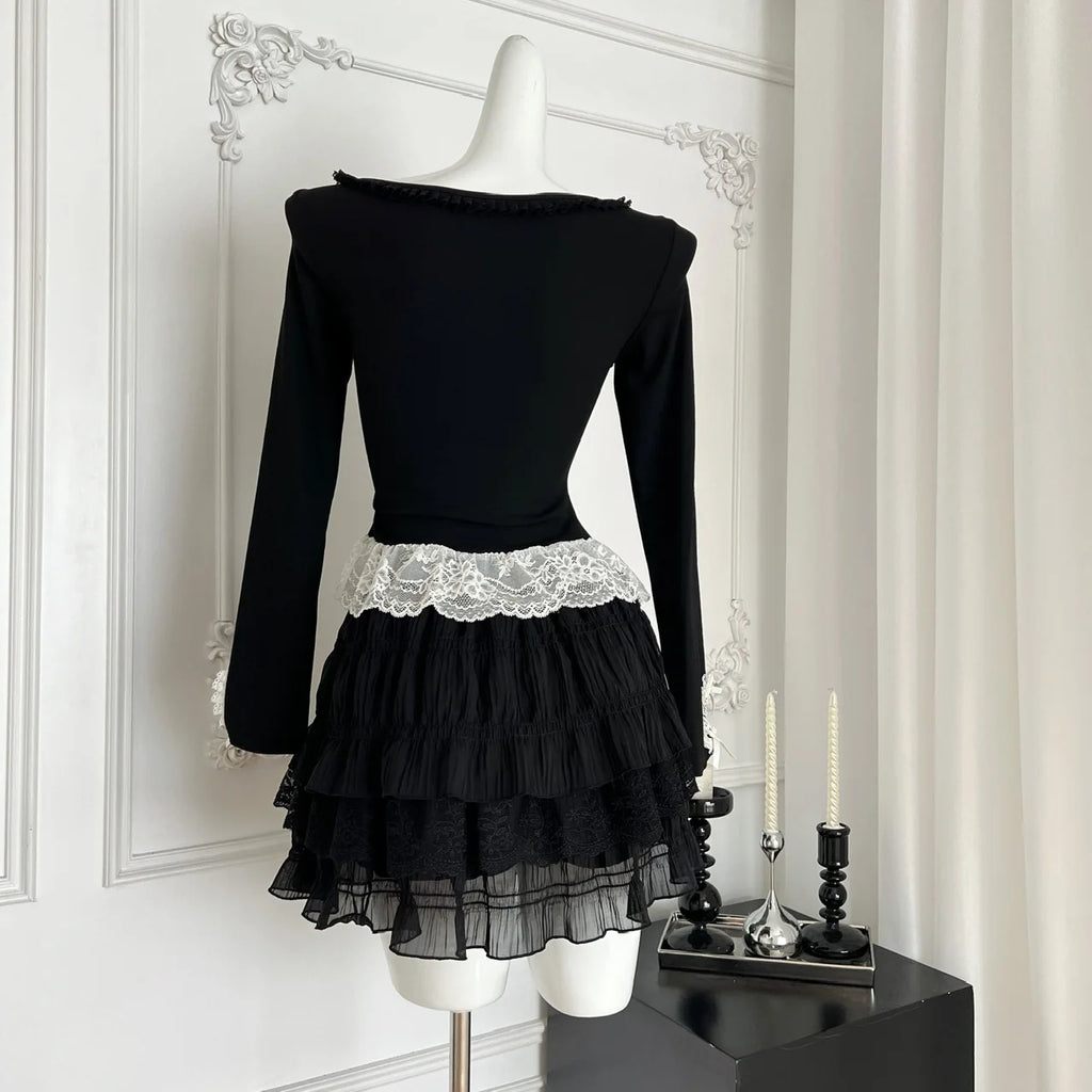 Fake Two-piece Top + Mini Cake Skirt Set