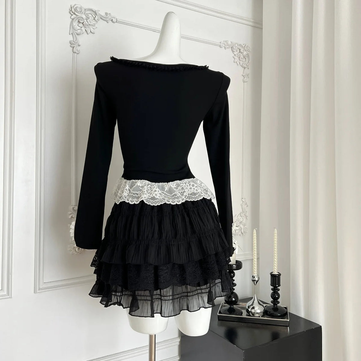 Fake Two-piece Top + Mini Cake Skirt Set