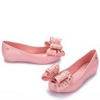 Glossy Square-Toe Jelly Flats with Sparkling Bow Accent