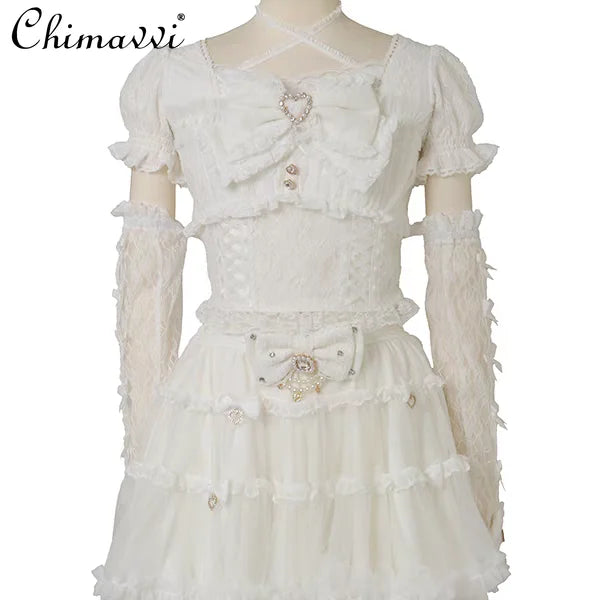 Heavy Patchwork Sleeve Tie Lace Bow Shirt