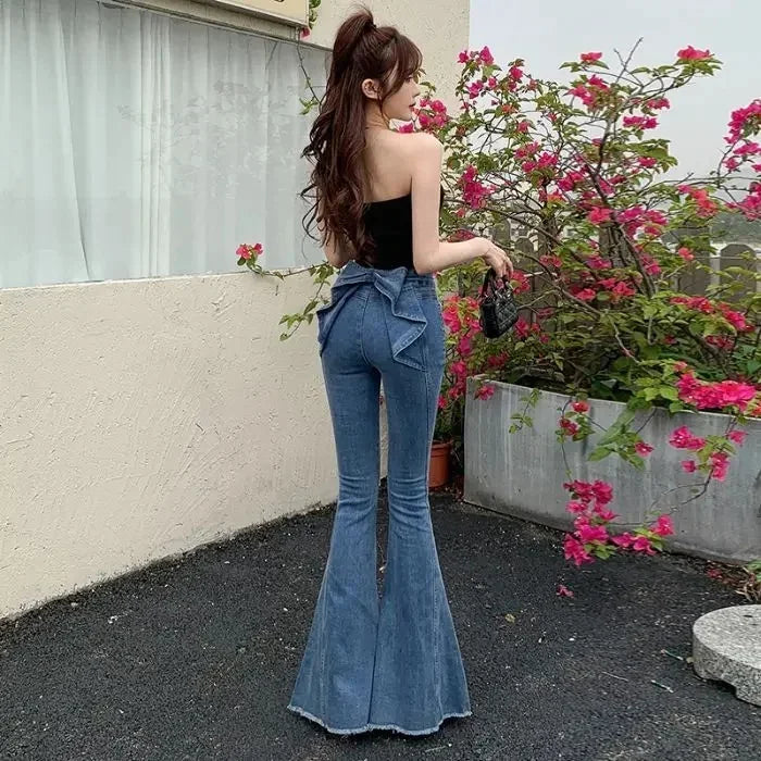Pantalones vaqueros vintage de cintura alta Y2k con nudo de mariposa 3D para mujer, ropa de calle de primavera verano, pantalones vaqueros casuales, moda, pantalones acampanados ajustados