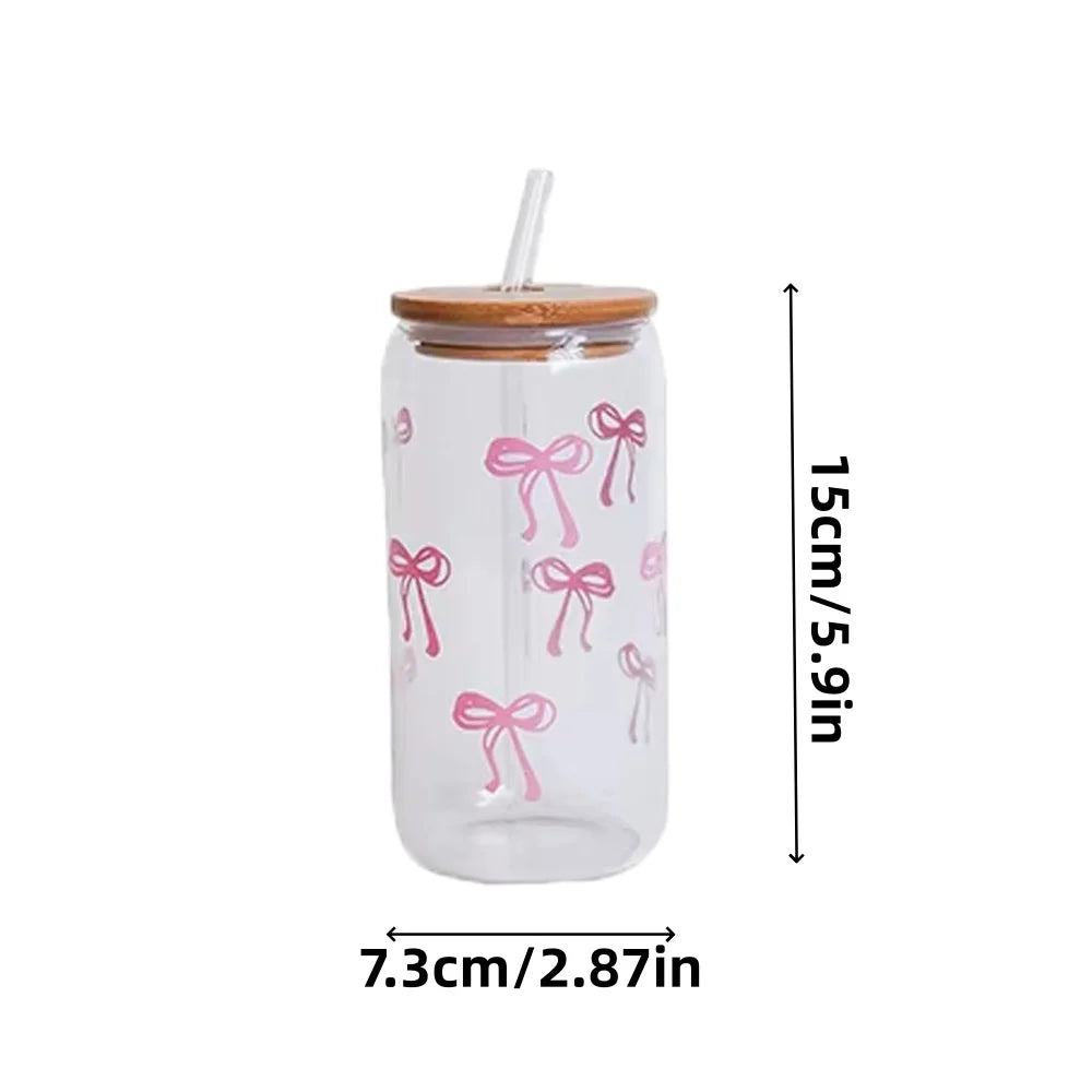1/2pcs Pink Bow Glass Cup with Bamboo Wood Lid and Straw