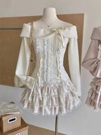 Conjunto de 2 piezas de invierno de punto japonés Kawaii Y2k para mujer, falda elegante de encaje, retro, traje de falda chic, tops + minifalda de pastel 2025