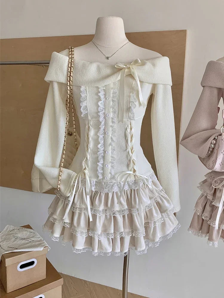 Conjunto de 2 piezas de invierno de punto japonés Kawaii Y2k para mujer, falda elegante de encaje, retro, traje de falda chic, tops + minifalda de pastel 2025