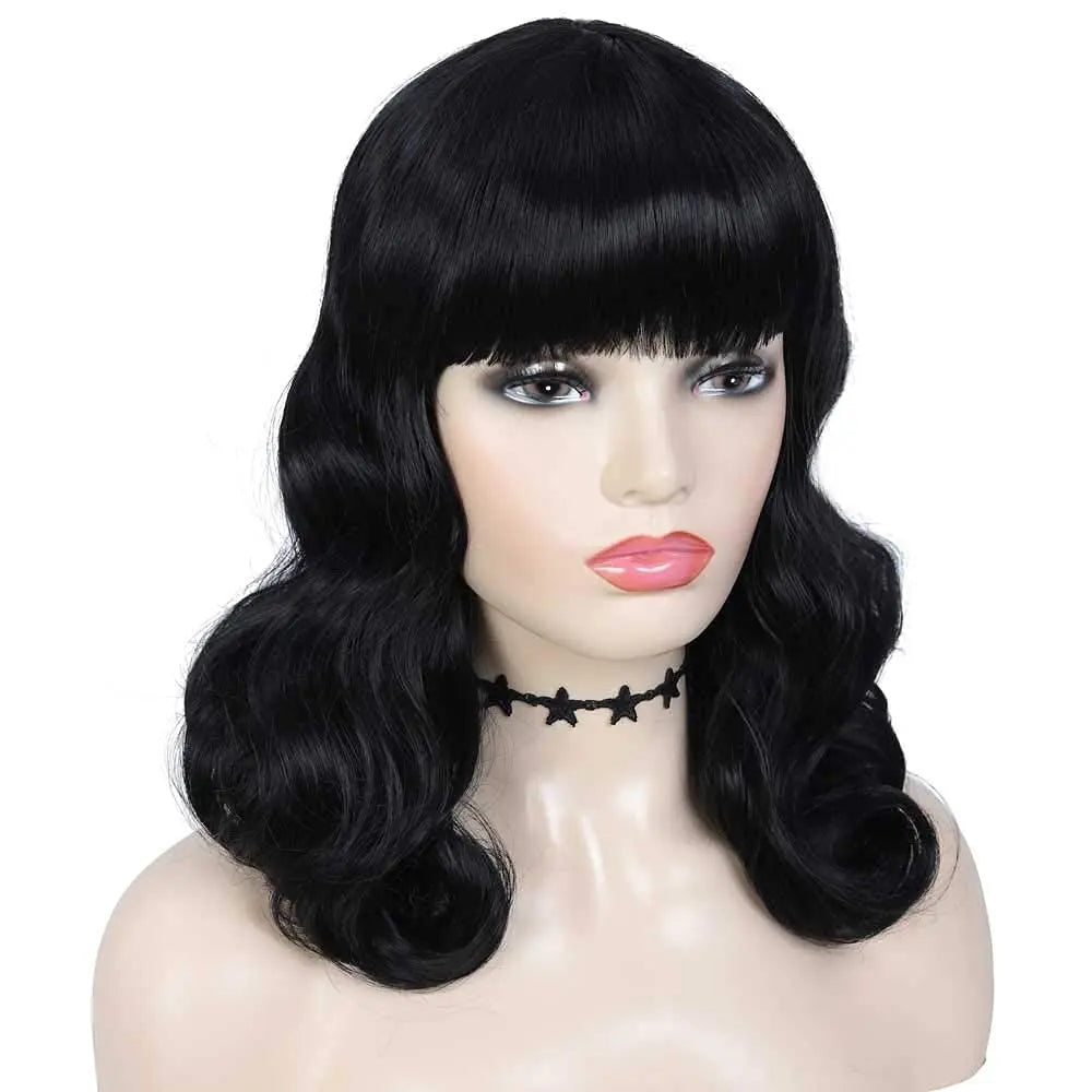 Tereshar Synthetic Rockabilly Vintage Wigs for Women Short Black Wig with Bangs Heat Resistant Short Curly Bettie Page Wig