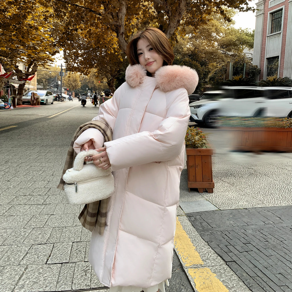 Abrigo acolchado rosa de longitud media para mujer, grueso, de invierno de 2026, por encima de la rodilla, con cuello de piel, chaqueta cálida de algodón para mujer, parkas y abrigos