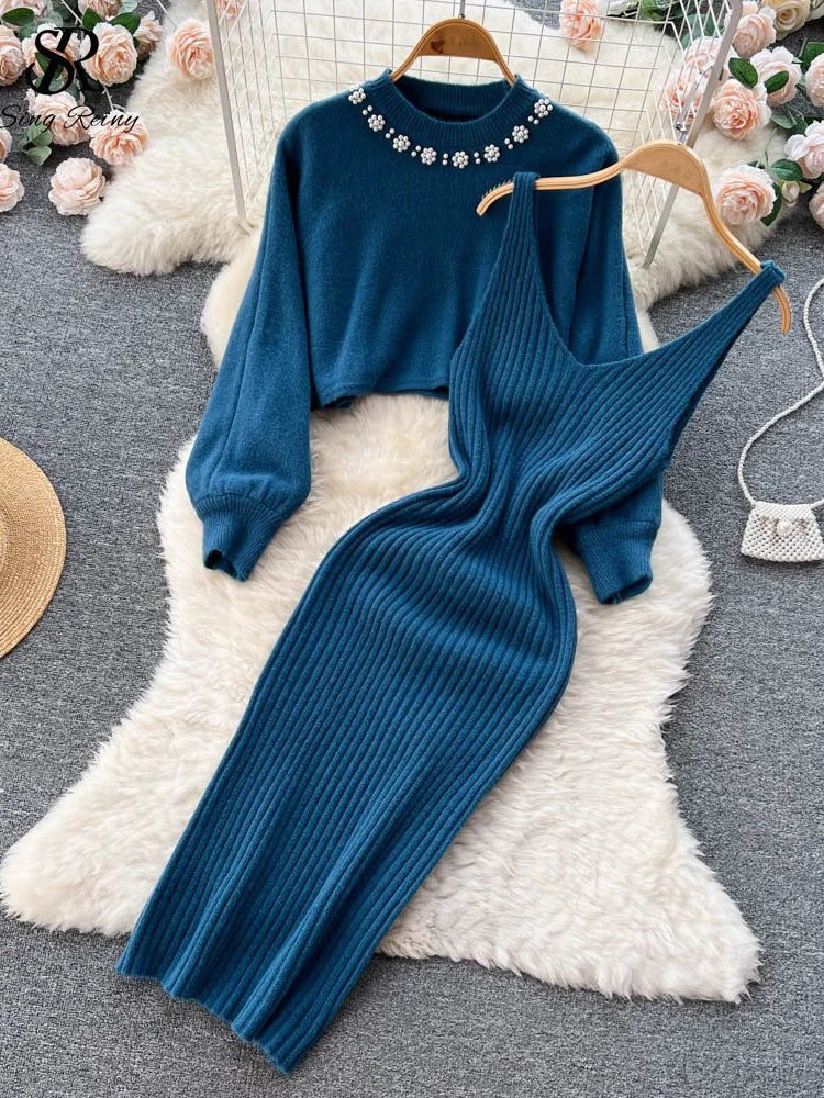 Long Sleeve Pearl Sweater + Knitted Camis Dress Set