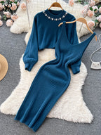Long Sleeve Pearl Sweater + Knitted Camis Dress Set