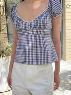 Camiseta Delgada de Cuadros Verdes Vintage para Mujer, Verano, Dulce, con Ribete de Encaje, Manga Corta, Algodón, Tops Casuales Retro Elegantes, Top Corto con Volantes