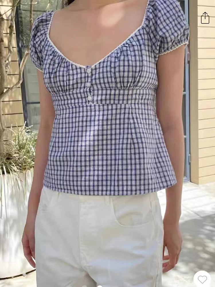 Camiseta Delgada de Cuadros Verdes Vintage para Mujer, Verano, Dulce, con Ribete de Encaje, Manga Corta, Algodón, Tops Casuales Retro Elegantes, Top Corto con Volantes