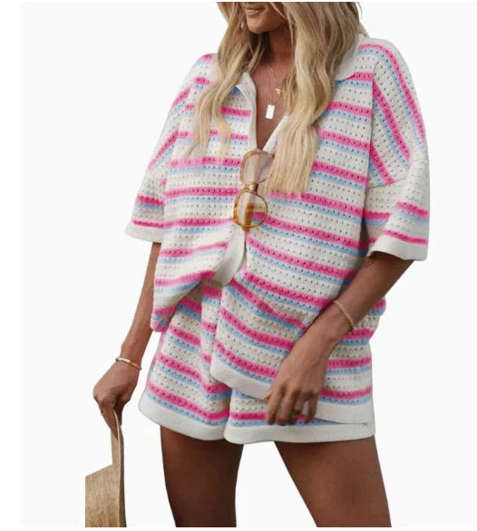 Hollow Striped Knitted 2 Pieces Set