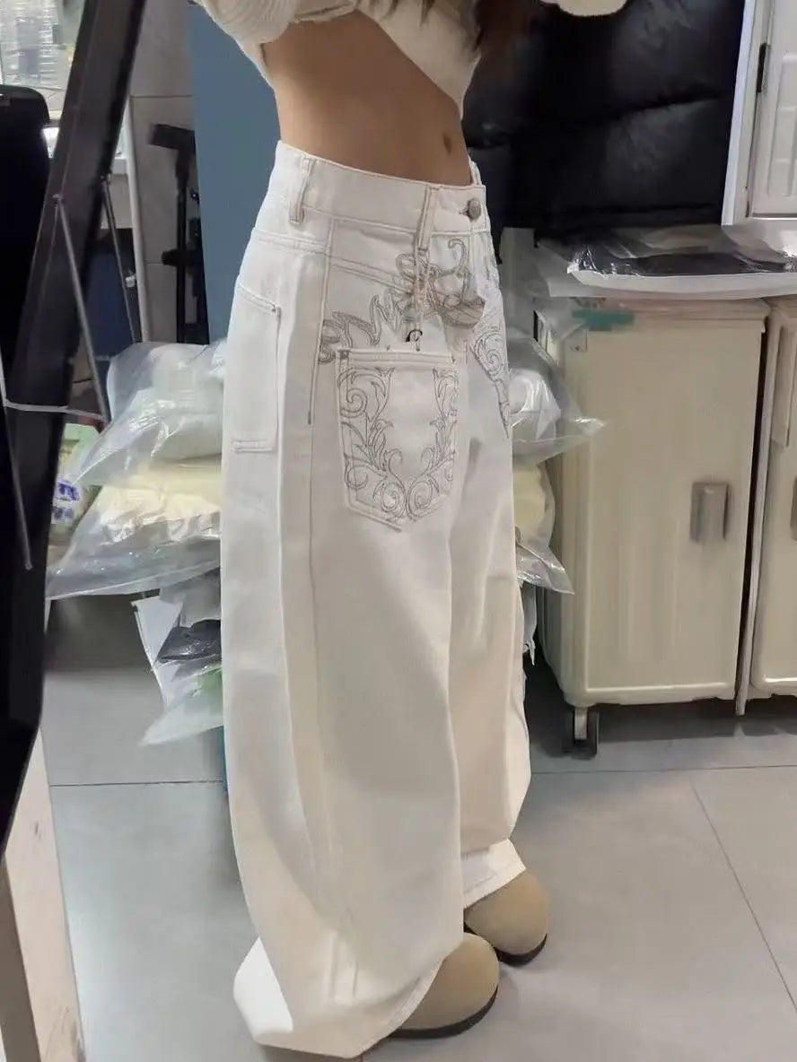 Vaqueros Anchos de Mujer, Pantalones de Mezclilla Blanca Bordados, Ajuste Ancho, Estilo Y2K Japonés Harajuku 2000s Americano Retro Grunge Marea High Street Nuevo