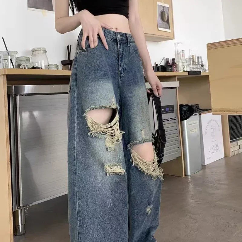 Pantalones casuales de mezclilla para mujer, jeans vintage rectos, pantalones de moda de otoño y primavera para mujer, azules, de pierna ancha con rotos