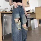 Pantalones casuales de mezclilla para mujer, jeans vintage rectos, pantalones de moda de otoño y primavera para mujer, azules, de pierna ancha con rotos