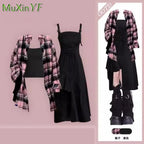 Conjunto de dos piezas de camisa a cuadros y vestido sexy irregular a juego, moda de verano/otoño, elegante cárdigan de estilo coreano con falda a rayas para mujer