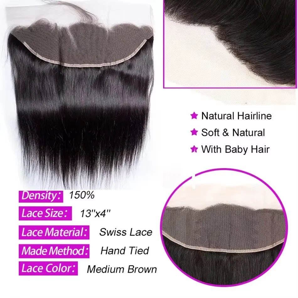 Straight Peruvian Human Hair Bundles With Closure Raw Virgin 3 4 Bundles With 4x4 5x5 HD Lace Closure Weave With 13x4 Frontal