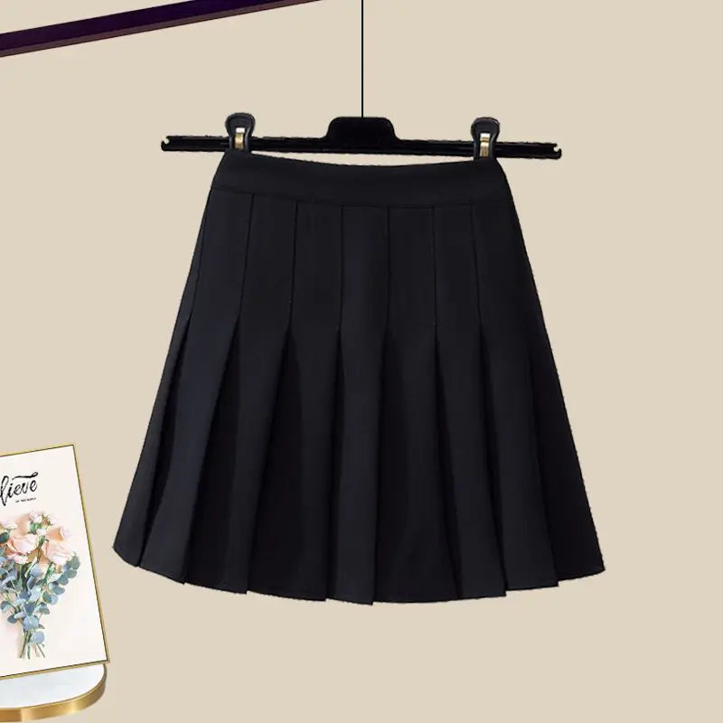 Short Sleeve Shirt Top + Short Pleated Skirt Two Piece Set