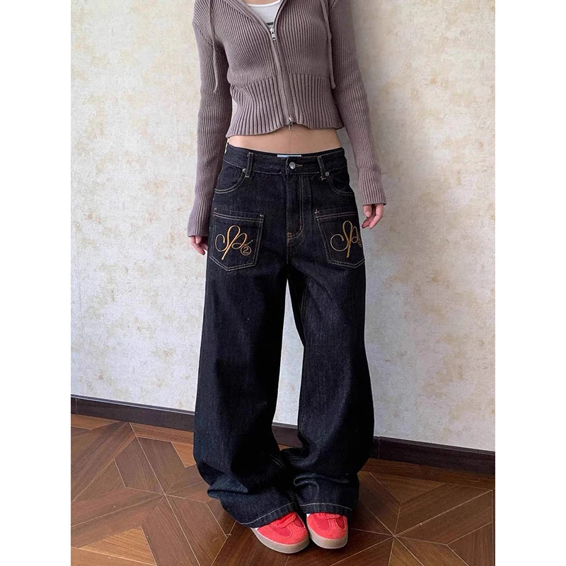 ZHIZOU Mujer Y2K Estética 2000s Jeans Baggy de Tiro Bajo para Mujer Jeans Bordados Grunge Cyber Punk Japonés Harajuku Pantalones de Mezclilla