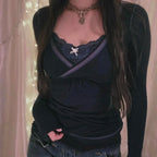 Camiseta retro grunge cottage de los 2000, punto acanalado de otoño, manga larga, corte entallado, estilo Y2K, hada, años 90, vintage, cuello de pico, crop tops para mujer